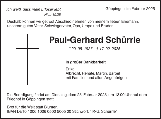 Traueranzeige von Paul-Gerhard Schürrle von NWZ Neue Württembergische Zeitung