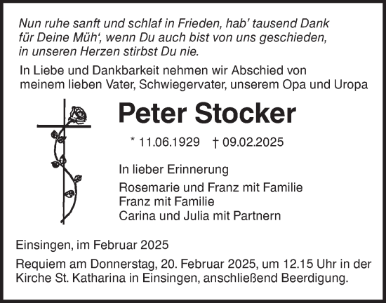 Traueranzeige von Peter Stocker von SÜDWEST PRESSE Ausgabe Ulm/Neu-Ulm