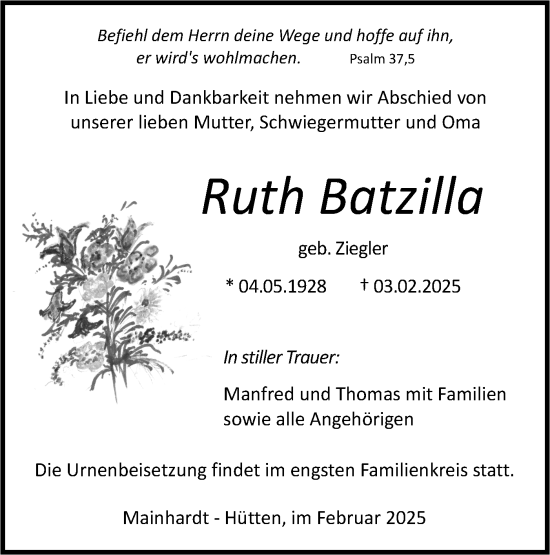 Traueranzeige von Ruth Batzilla von Haller Tagblatt