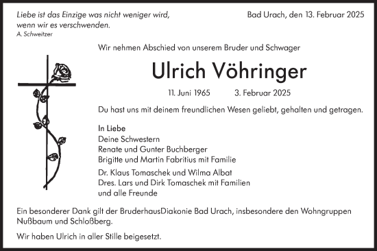 Traueranzeige von Ulrich Vöhringer von Alb-Bote/Metzinger-Uracher Volksblatt