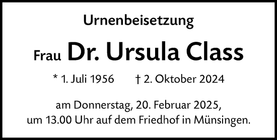 Traueranzeige von Ursula Class von Alb-Bote/Metzinger-Uracher Volksblatt