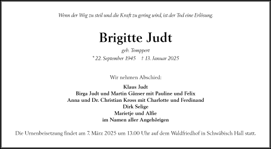 Traueranzeige von Brigitte Judt von Haller Tagblatt