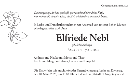 Traueranzeige von Elfriede Nebl von NWZ Neue Württembergische Zeitung