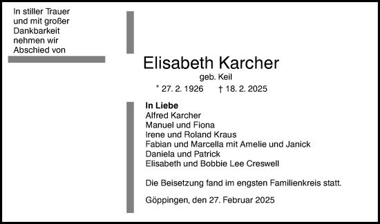 Traueranzeige von Elisabeth Karcher von NWZ Neue Württembergische Zeitung