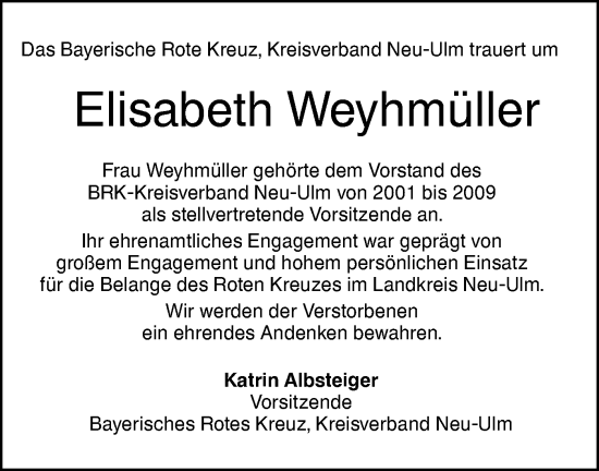 Traueranzeige von Elisabeth Weyhmüller von SÜDWEST PRESSE Ausgabe Ulm/Neu-Ulm