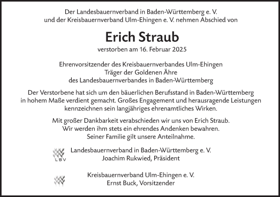 Traueranzeige von Erich Straub von SÜDWEST PRESSE Ausgabe Ulm/Neu-Ulm