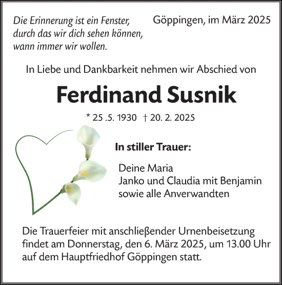 Traueranzeige von Ferdinand Susnik von NWZ Neue Württembergische Zeitung