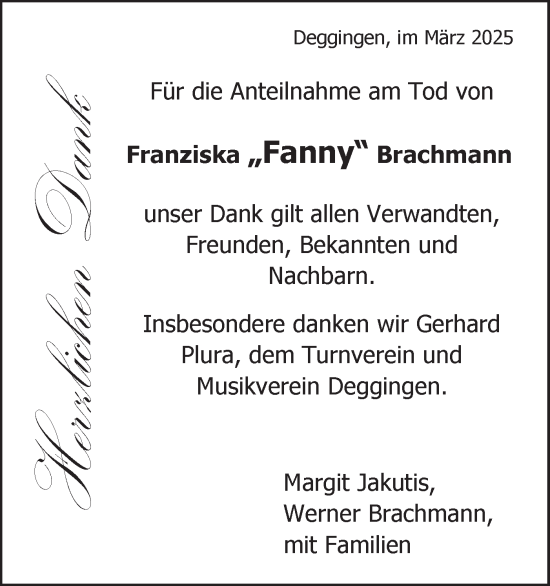 Traueranzeige von Franziska Brachmann von Geislinger Zeitung