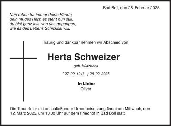 Traueranzeige von Herta Schweizer von NWZ Neue Württembergische Zeitung/Geislinger Zeitung