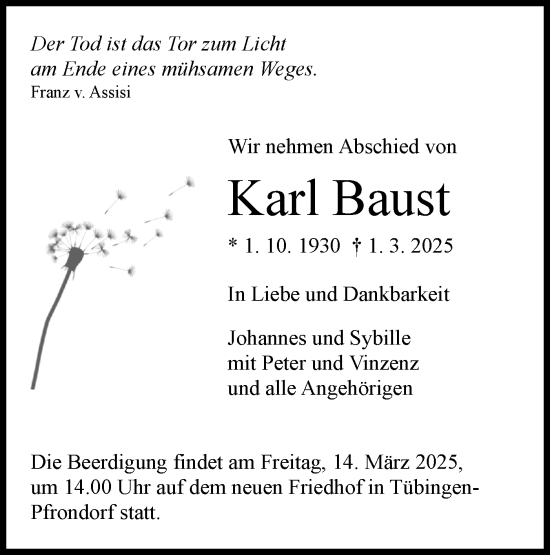 Traueranzeige von Karl Baust von Schwäbische Tagblatt