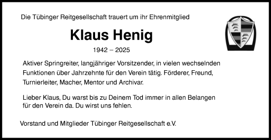 Traueranzeige von Klaus Henig von Schwäbische Tagblatt