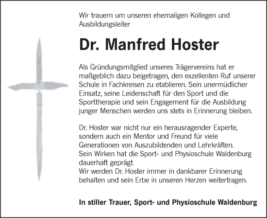 Traueranzeige von Manfred Hoster von Haller Tagblatt