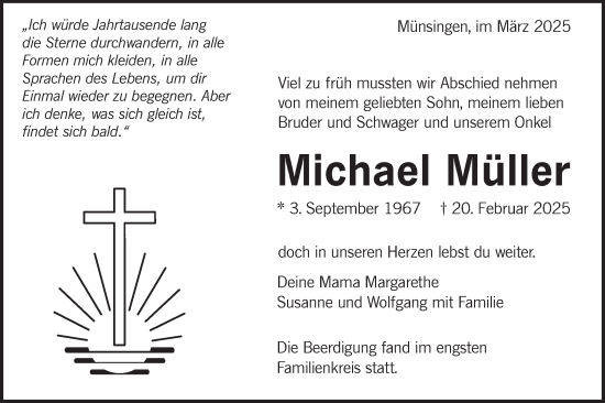 Traueranzeige von Michael Müller von Alb-Bote/Metzinger-Uracher Volksblatt