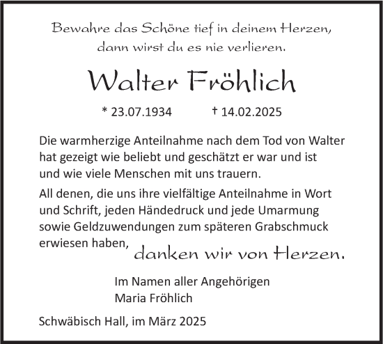 Traueranzeige von Walter Fröhlich von Haller Tagblatt