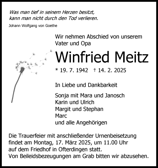 Traueranzeige von Winfried Meitz von Schwäbische Tagblatt